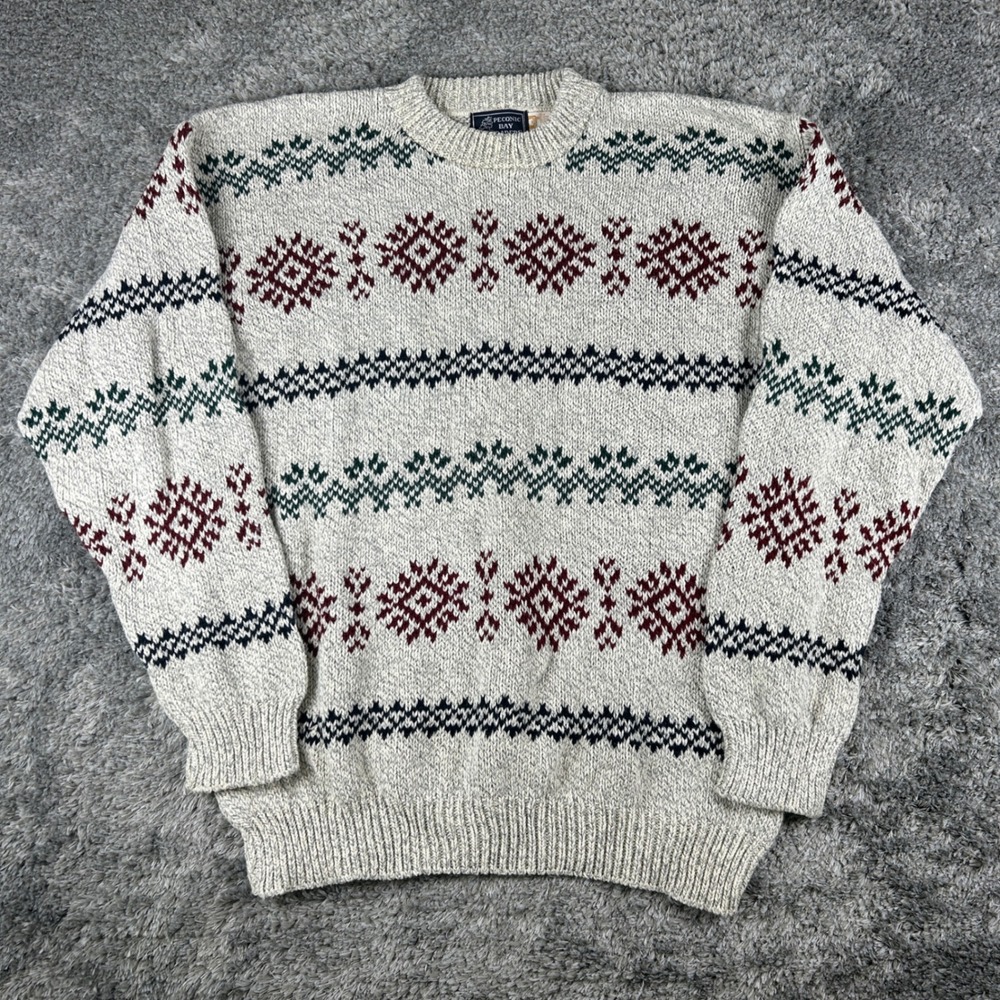 Vintage Peconic Bay Traders Sweater Men Large Gray Fair Isle Cotton Knit USA 90s